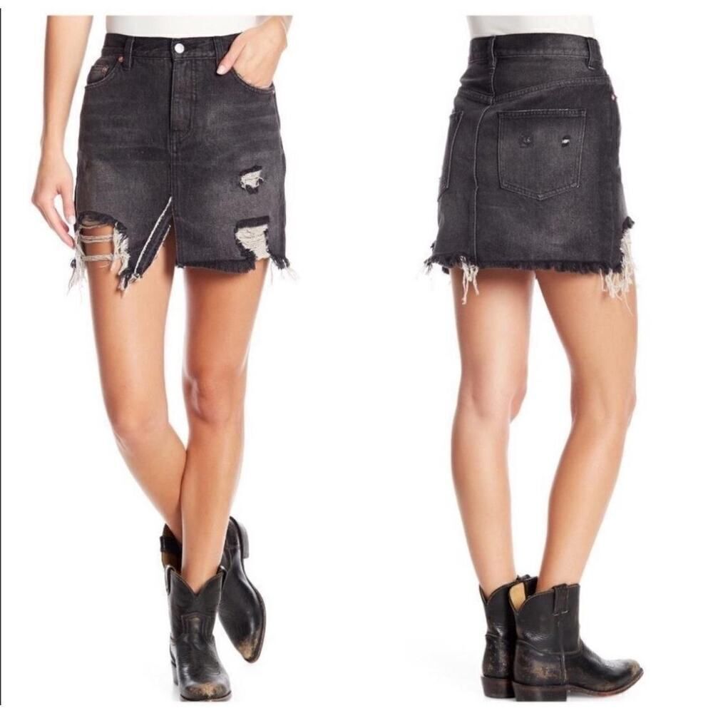 We the Free Distressed Denim Mini Black Jean Destroyed Skirt Free People Size 30